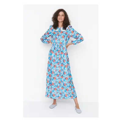 Trendyol Blue Baby Collar Floral Pattern Woven Dress