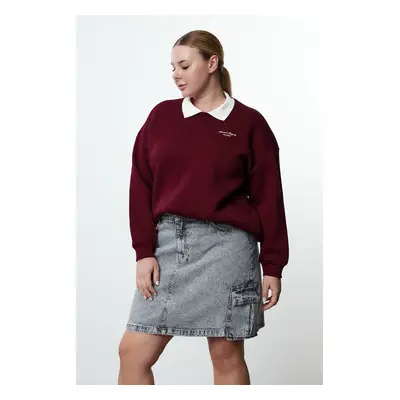 Trendyol Curve Claret Red Embroidered Inside Collar Pullover Large Pattern Plus Size Knitted Swe