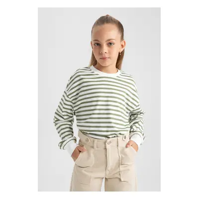 DEFACTO Girls' Crew Neck Striped Combed Combed Long Sleeve T-Shirt