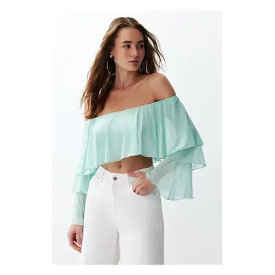 Trendyol Mint Ruffle Detail Long Sleeve Lined Crop/Short Knitted Blouse