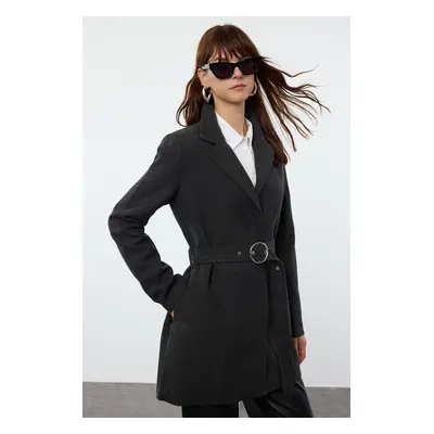 Trendyol Anthracite Fitted Belted Wool Midi Coat