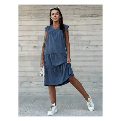 Dust blue cotton dress with V-neck by MAYFLIES