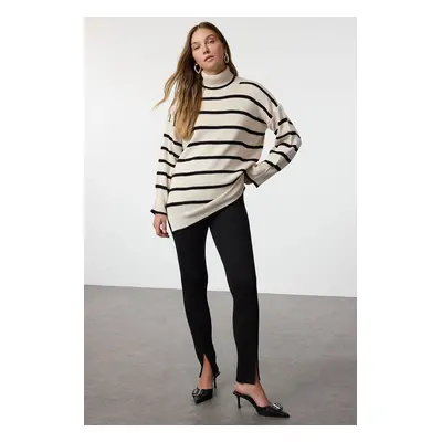 Trendyol Stone Striped Wide Pattern Long Length Knitted Sweater