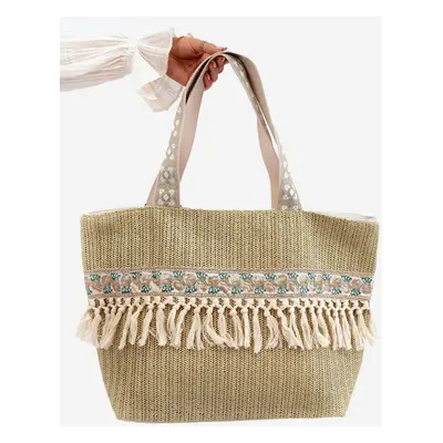 Large woven beach bag with fringe, green Missalori