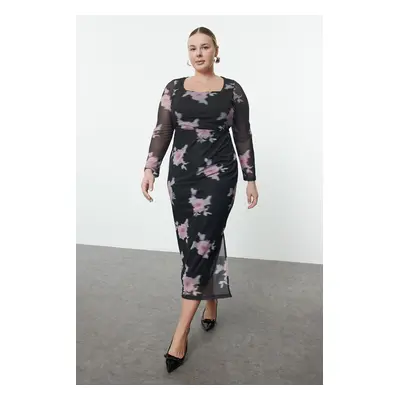 Trendyol Curve Black Tulle Floral Fitted Square Neck Long Sleeve Maxi Flexible Knitted Pencil Dr