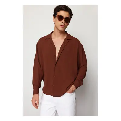 Trendyol Brown Oversize Fit Open Collar Summer Linen Look Shirt