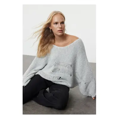 Trendyol Gray V Neck Knit Detailed Knitwear Sweater