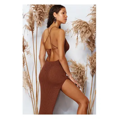 Trendyol Brown Fitted Maxi Knitwear Backless Beach Dress