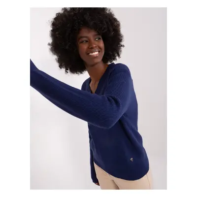 Navy Blue Plain Classic Neckline Sweater