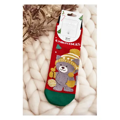 Women's Christmas socks with teddy bear, red