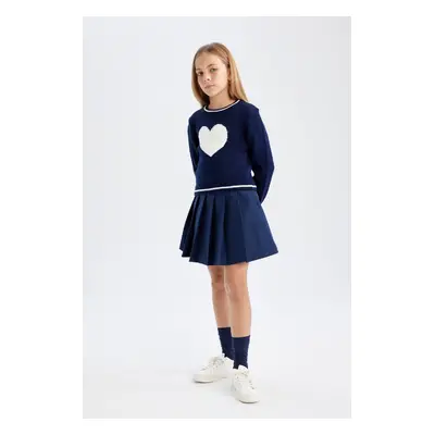 DEFACTO Girl's Navy Blue Waist Detailed Pleated Hidden Zipper Gabardine Skirt