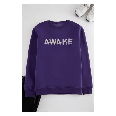 Trendyol Purple Oversize/Wide CutInside Fleece/Warm Text Embroidered Sweatshirt