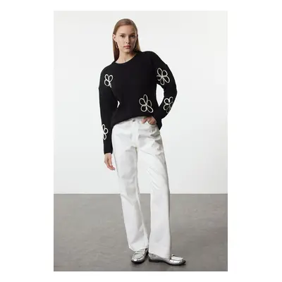 Trendyol Black Ribbed Wide Cut Floral Patterned Crew Neck Knitwear Sweater