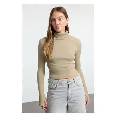 Trendyol Stone Fitted Turtleneck Finger Detailed Ribbed Stretchy Knitted Blouse