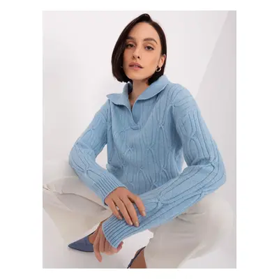 Light blue sweater with cables and collar