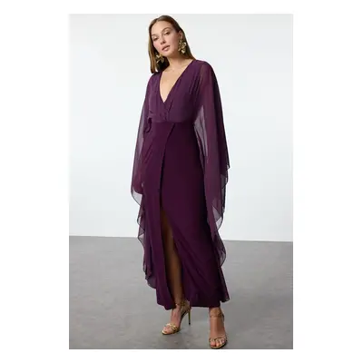 Trendyol Plum Sleeve Detailed Chiffon Long Evening Dress