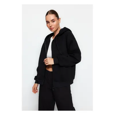 Trendyol Black Oversize/Relaxed Fit Basic Hooded Thick Inside Fleece Knitted Sweatshirt