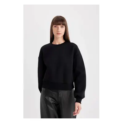 DEFACTO Women's Black Boxy Fit Crew Neck Thick Basic Plain Sweatshirt