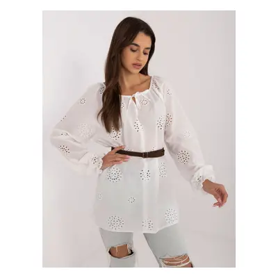 White openwork casual blouse with belt