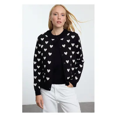 Trendyol Black Crew Neck Heart Detailed Knitwear Cardigan