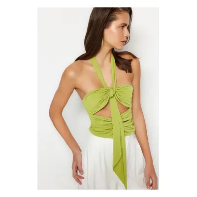 Trendyol Oil Green Crop Knitted Window/Cut Out Detailed Blouse