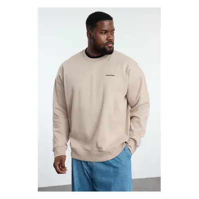 Trendyol Beige Crew Neck Oversize/Wide Cut Plus Size Sweatshirt with Fleece Inside