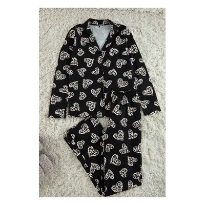 Trendyol Black 100% Cotton Leopard Heart Patterned Jersey Knitted Pajama Set