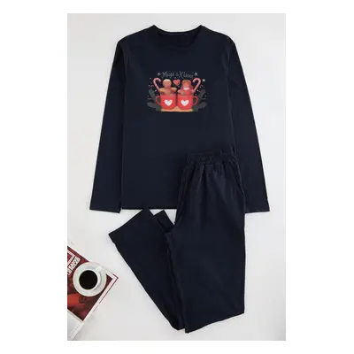 Trendyol Men's Navy Blue Printed Knitted Couple Pajama Set