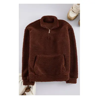 Trendyol Dark Brown Oversize/Wide Cut Plush Sweatshirt