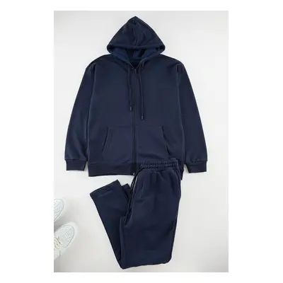 Trendyol Navy Blue Oversize/Wide Cut Hooded Basic Tracksuit Set