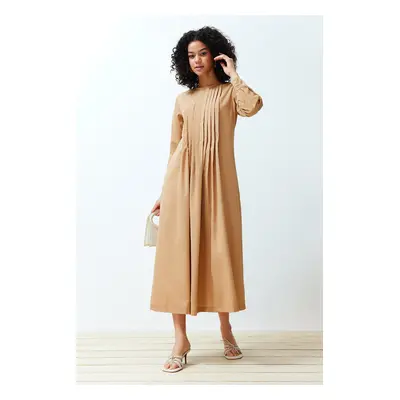 Trendyol Beige Pleated Detailed Comfort Woven Dress