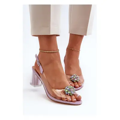 Transparent high-heeled sandals with purple D&A embellishment