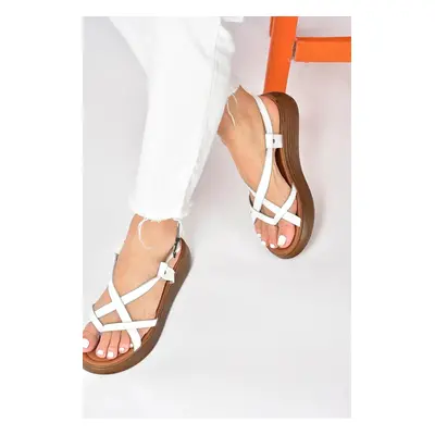 Fox Shoes White Genuine Leather Women's Flip-Flops Sandals