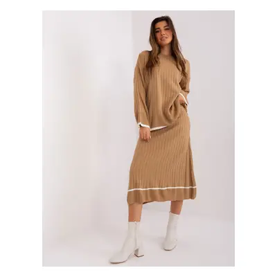 Camel ribbed knitted set with skirt