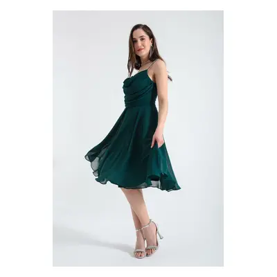 Lafaba Women's Emerald Green Stone Strap Midi Evening Dress.