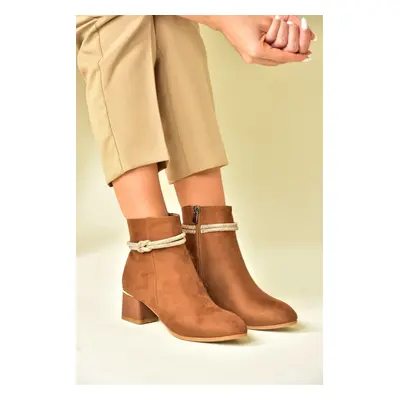 Fox Shoes Tan and Suede Women's Boots with Stone Detailed Thick Heels