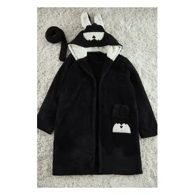 Trendyol Black Belted Animal Figured Hooded Wellsoft Knitted Dressing Gown with Pockets