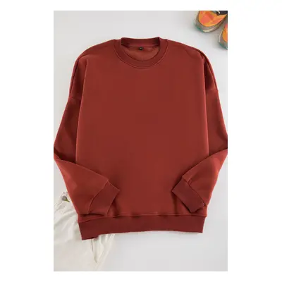 Trendyol Plus Size Brick Oversize/Wide Cut Basic Comfortable Cotton Sweatshirt with Fleece Insid