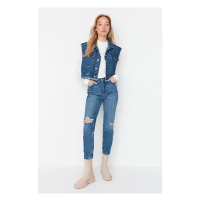 Trendyol Blue Ripped Detail High Waist Mom Jeans