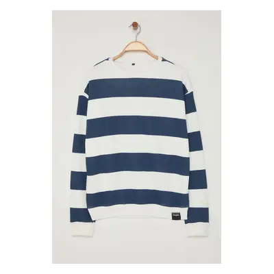 Trendyol Indigo-Ecru Oversize/Wide Cut Crew Neck Striped Polar Fleece Inside Cotton Sweatshirt