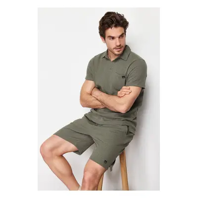 Trendyol Khaki Regular/Normal Cut Polo Collar Labeled T-Shirt Shorts Tracksuit Set