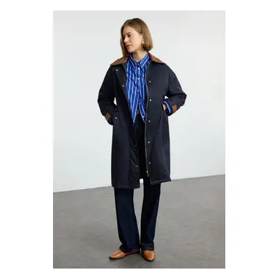 Trendyol Navy Blue Oversize Trench Coat with Leather Detail on the Collar