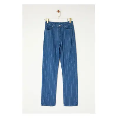 Trendyol Blue Striped High Waist Straight Jeans