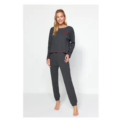 Trendyol Anthracite Embroidery and Stitch Detail Ribbed Cotton Tshirt-Jogger Knitted Pajamas Se