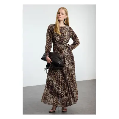 Trendyol Brown Leopard Patterned Belt Detailed Lined Pleated Chiffon Woven Dress