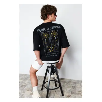 Trendyol Black Oversize/Wide Cut Mystical Printed 100% Cotton Short Sleeve T-Shirt