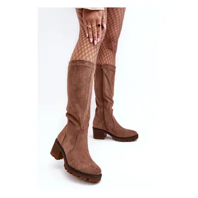 Women's over-the-knee boots with low heels, brown Beveta