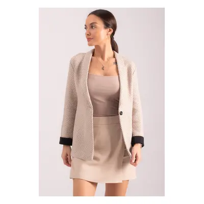 armonika Women's Beige Herringbone Pattern Fold Sleeve Single Button Cachet Jacket