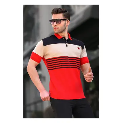 Madmext Men's Red Polo Neck Striped T-Shirt