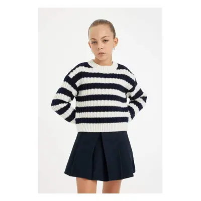 DEFACTO Girls Standard Fit Striped Crew Neck Sweater